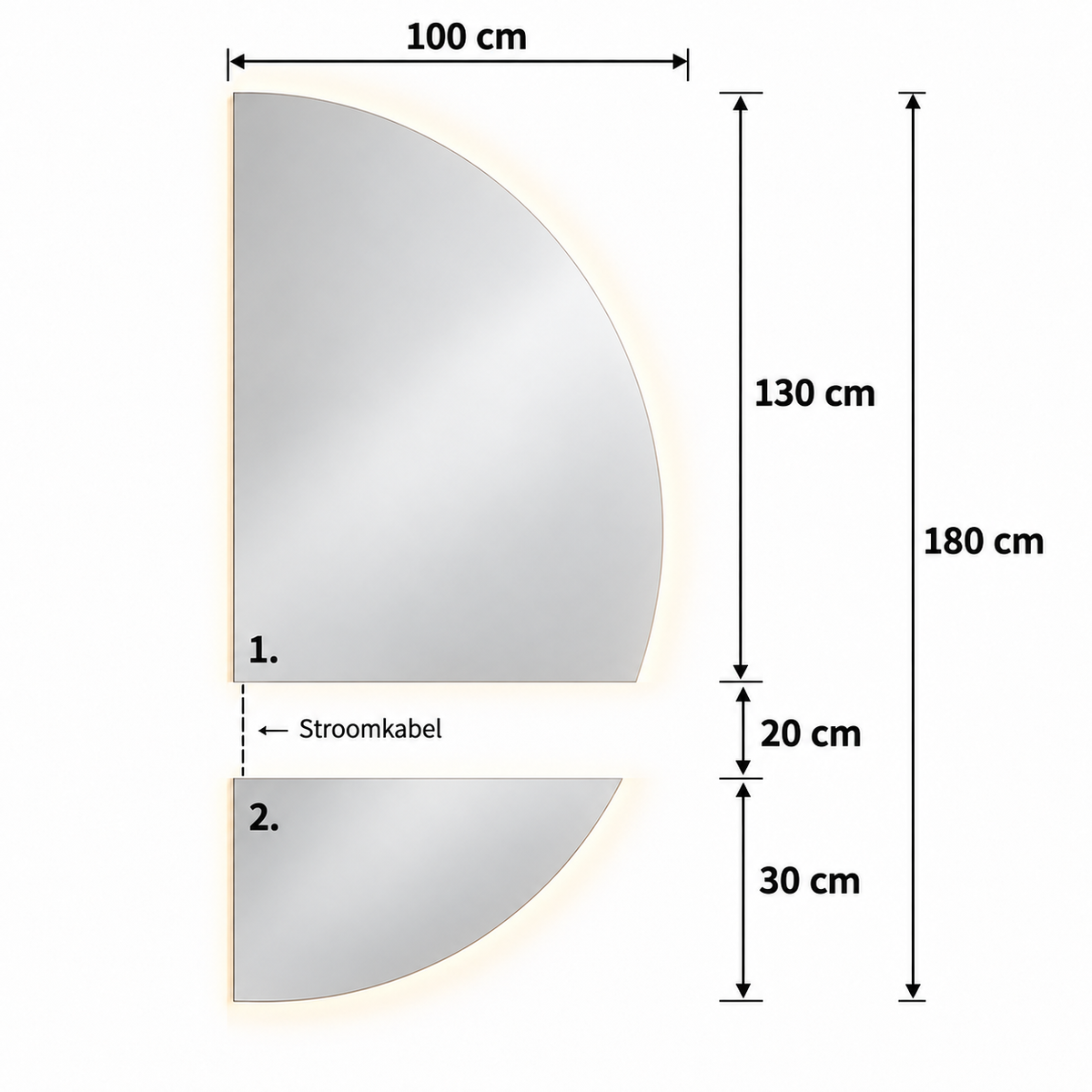Decomor - Lys halve maan spiegel 180 x 100 cm - Ledverlichting - Tweedelig - 3 lichtkleuren - Ronding rechts