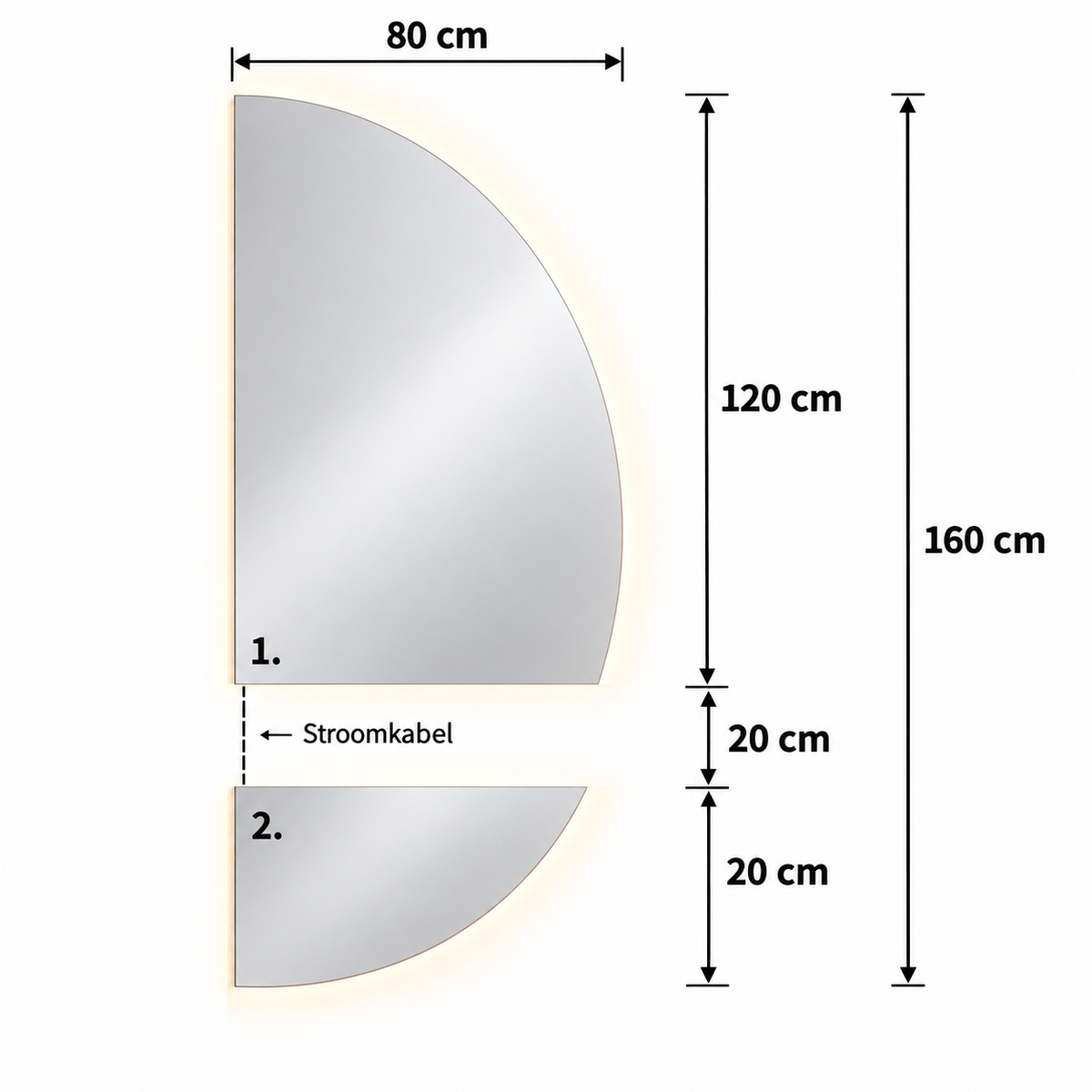 Halve Maan Spiegel Lys – LED Verlichting - tweedelig - 140 x 80cm - Ronding Rechts