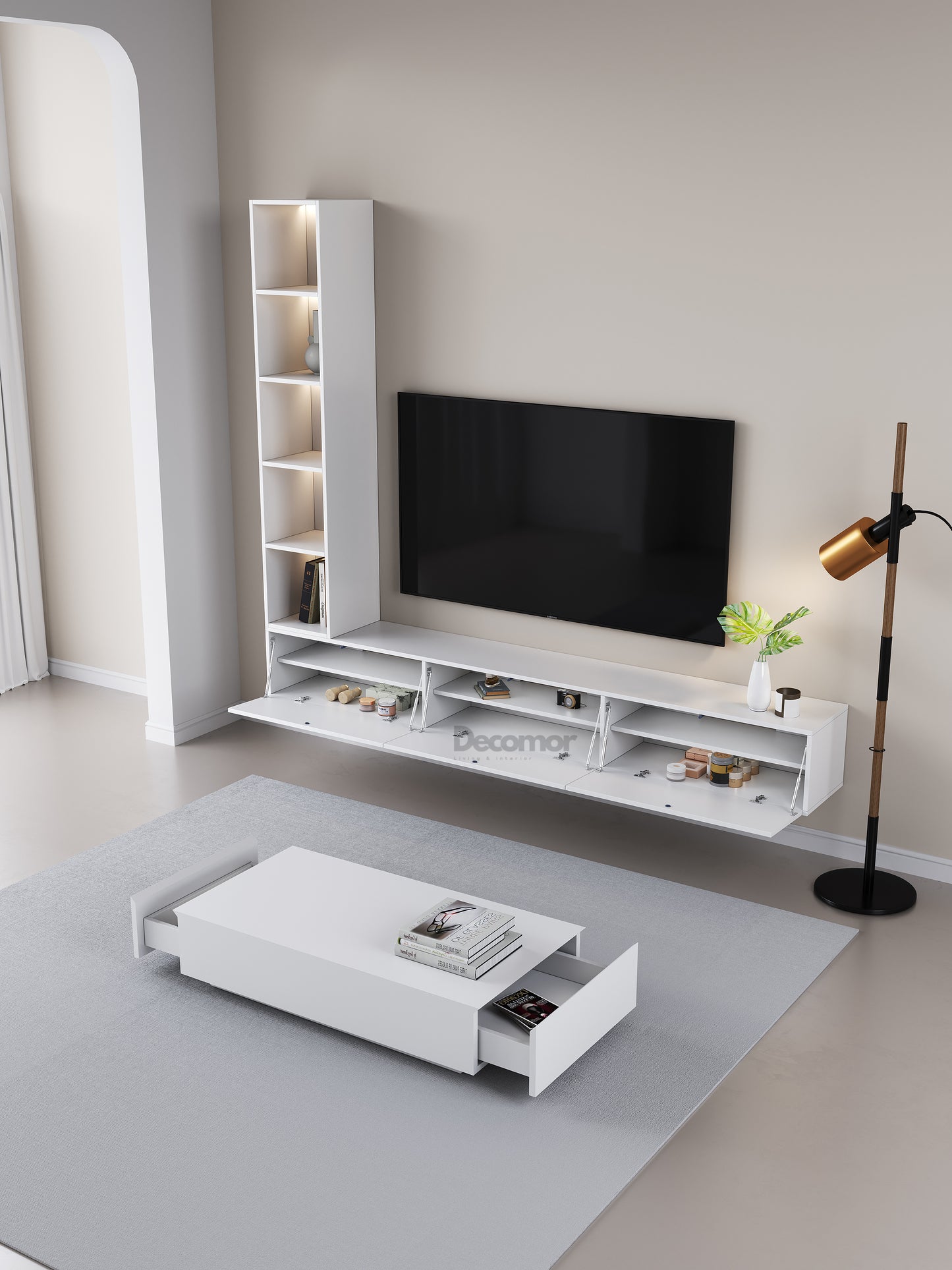 Chic Elegante Vakkenkast met LED Verlichting - 200x40x40cm - Pure White (wit mat)