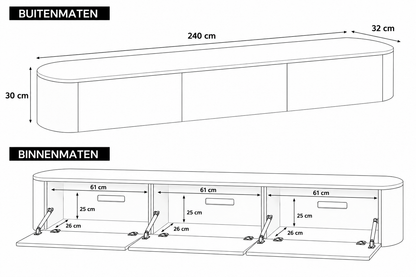 Chic Curve Ronde TV Meubel 240cm - Zwevend – Wit mat