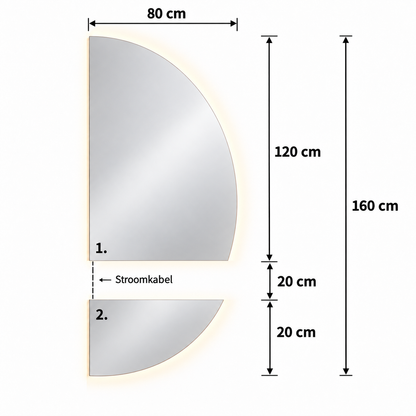 Halve Maan Spiegel Lys – LED Verlichting - tweedelig - 140 x 80cm - Ronding Rechts