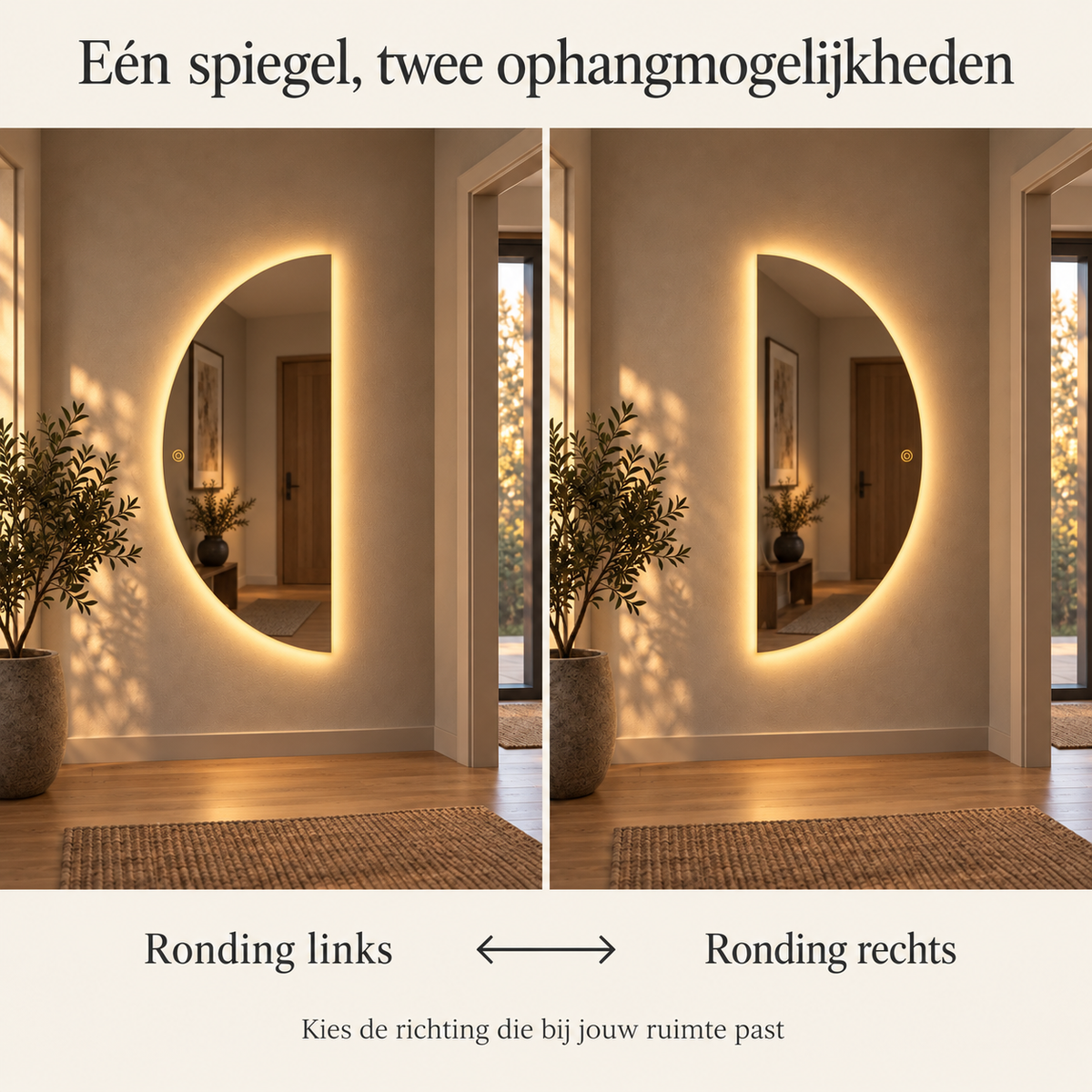 Halve Maan Spiegel Lys - Eendelig - LED Verlichting - 180 x 100cm - Ronding Links + Rechts