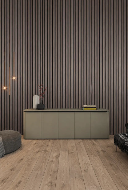 Akoestische wandpanelen - 280 x 60 x 2.2 cm - Gerookt Eiken - Lattenwand - Akupanel - 3 zijdig houtfineer