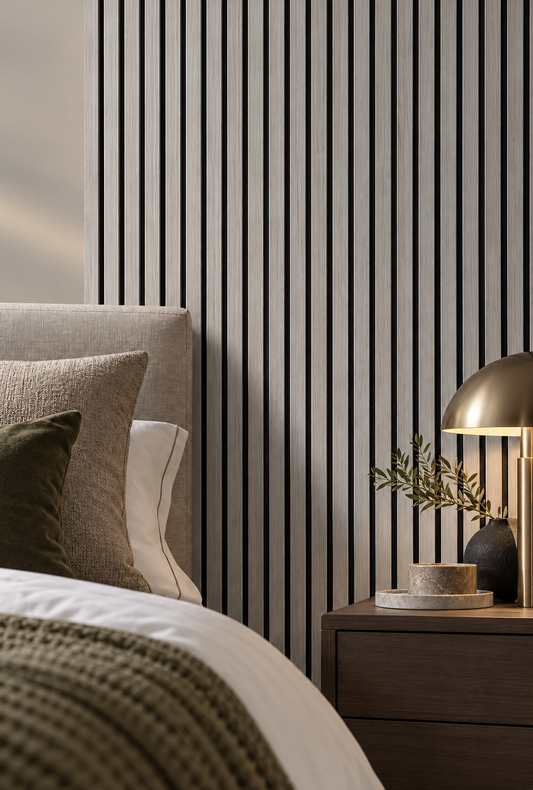 Akoestische wandpanelen - 280 x 60 x 2.2 cm - Grijs Eiken - Lattenwand - Akupanel